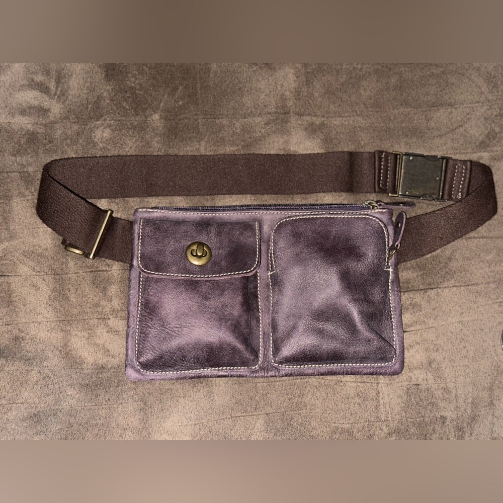 Roots Purple Leather Belt Bag with Brown Strap